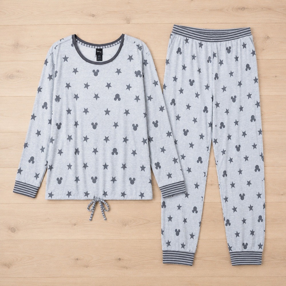 Disney Womens Pajama Set XL Gray Mickey Mouse Star Print Loungewear Comfy Soft - Picture 1 of 7